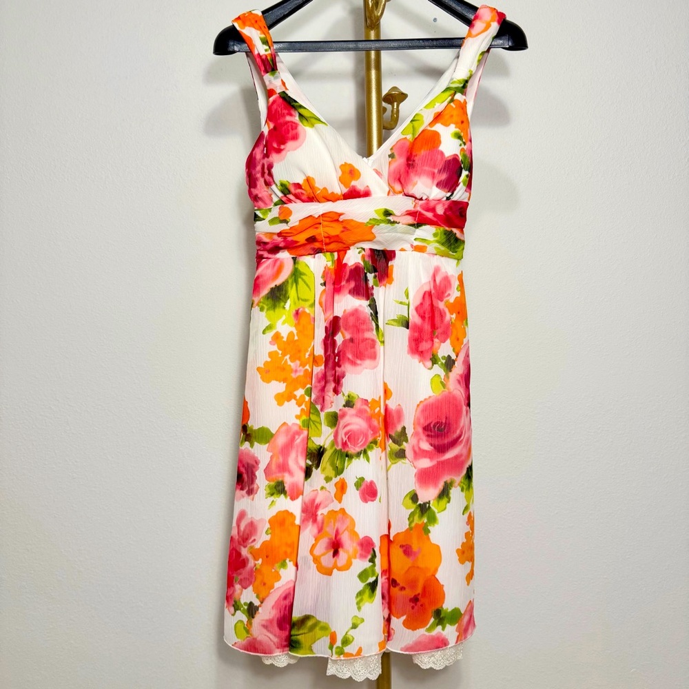Speechless Floral Sleeveless V-Neck Ruched Crepe Chiffon Junior’s A-Line Dress 3